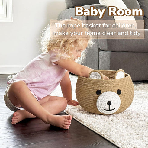 10.5"D 8.5"H CherryNow Cotton Rope Baby Basket for Nursery, Bear Gift Baskets for Kids, Empty Baby Shower Basket