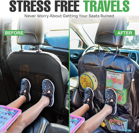 4 2 Pack lebogner Back Seat Cover for Kids + Pocket Storage Organizer, X-Large Waterproof Kick Mats Backseat Protector