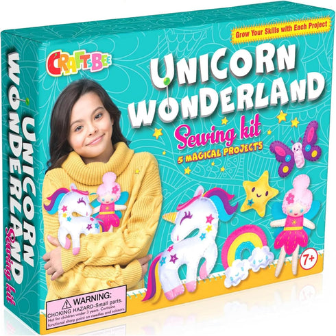 CRAFTSBEE 7+ 5 Cozy Magical Unicorn Sewing Kit for Girls - Create Adorable Felt Animals & a Pillow - Fun, Easy