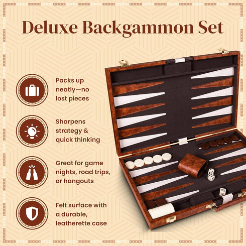 Backgammon 15 Inches Backgammon Sets Gammon Set Backgammon Set Premium Medium Brown - for Adults and Kids - Leatherette