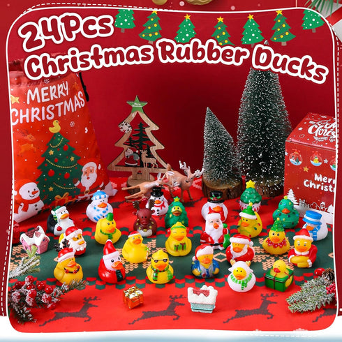 24 Pcs Christmas Rubber Ducks with a Bag, Christmas Stocking Stuffers for Kids, Santa Duckies for Xmas Party Favors