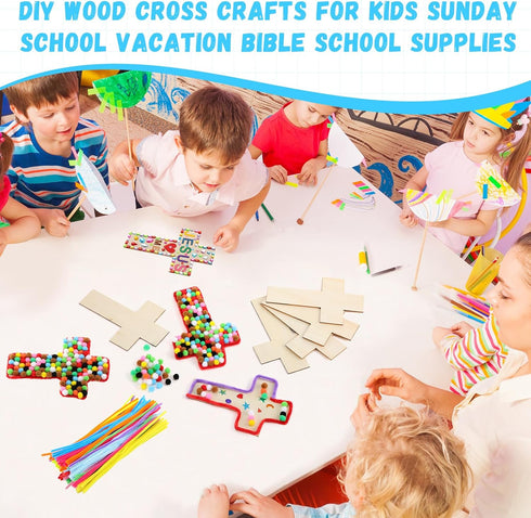 Blueweenly DIY Wood Cross Crafts for Kids Sunday School Supplies, 24 Unfinished Wood Crosses and Craft Materials