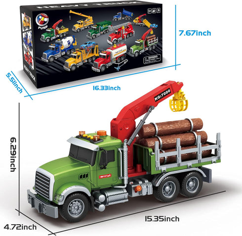 Dwi Dowellin Kids Toys for 3-7 Years Old Boys, 15" Large Timber Truck with Loading Crane and 6 Trunks, Birthday Gifts