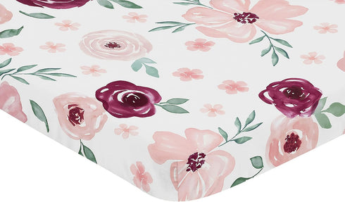 Pack Sweet Jojo Designs Burgundy Watercolor Floral Girl Fitted Mini Crib Sheet Baby Nursery For Portable Crib