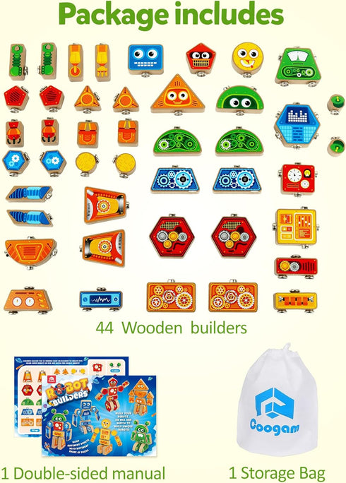 Playset, 3 4 5 Coogam Snap Together Robot Builders for Toddlers, Wooden Take Apart Robot Build Block Fine Motor Skill