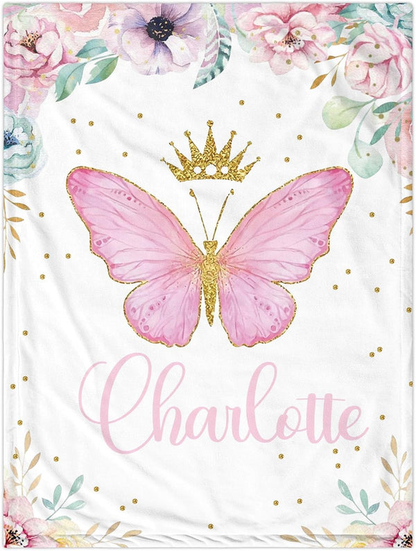 J&SBGFT Personalized Baby Girl Blanket, Customized Name Swaddle, Butterfly Receiving Blanket, Custom Infant