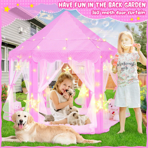 Pink Princess Tent for Girls - Kids Play Tent with LED Star Lights, Castle Playhouse for Indoor Outdoor Games, 55×53