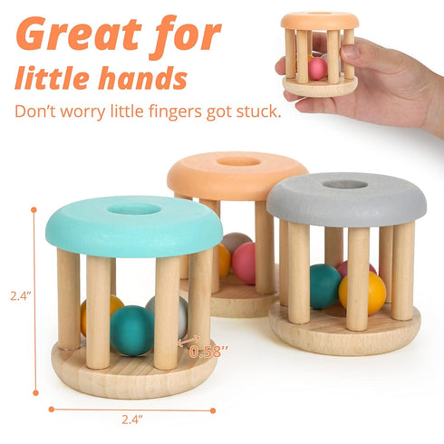 DUCKBOXX XX Montessori Infant Toys - Natural Wood Rolling Rattle Toy for Babies Ages 0m – 2yrs (3pcs Burlywood Base)