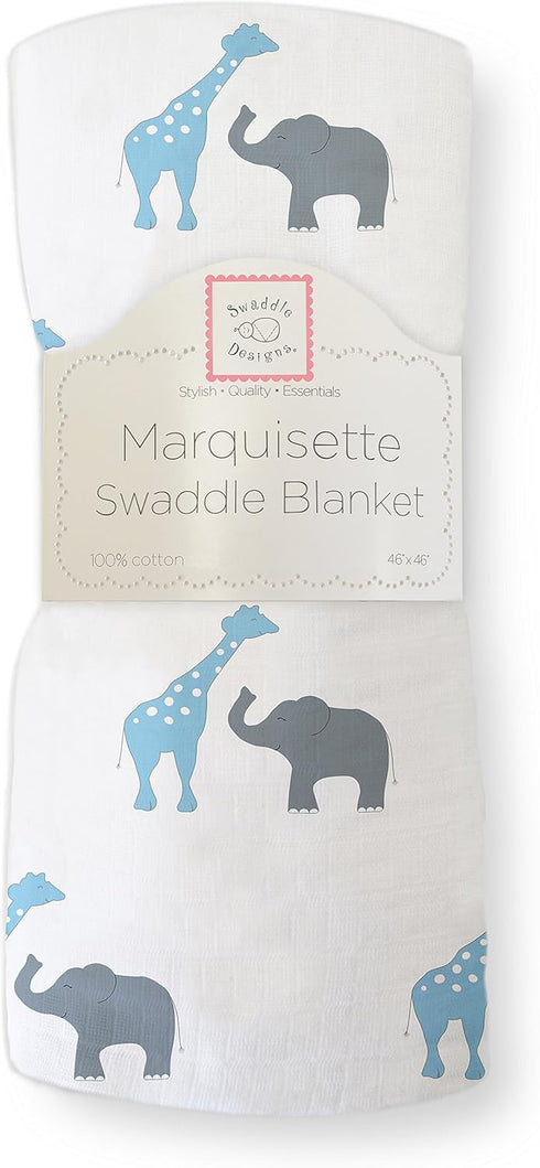 SwaddleDesigns Marquisette Receiving Swaddle Blanket, Blue Safari Fun, Soft Cotton Muslin for Babies