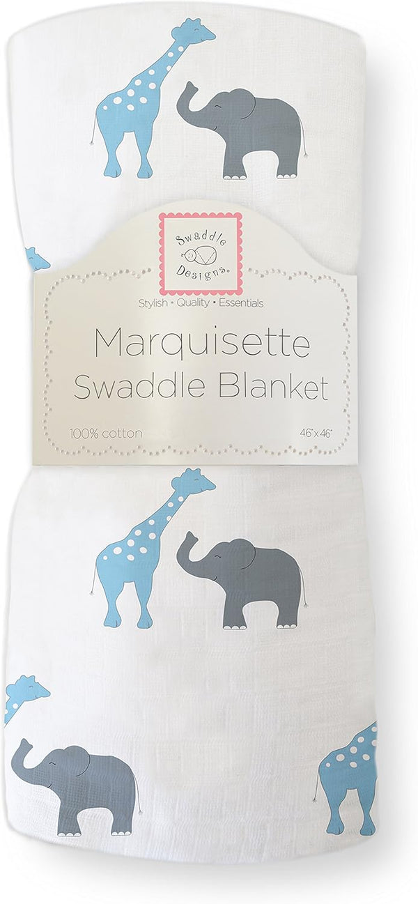 SwaddleDesigns Marquisette Receiving Swaddle Blanket, Blue Safari Fun, Soft Cotton Muslin for Babies