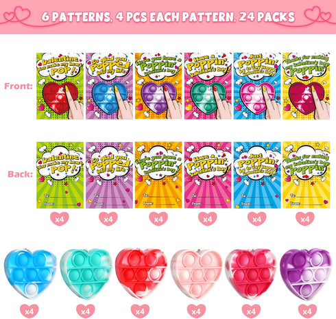 24 Pack SURCVIO Valentine Day Gifts for Kids, Pop Fidget Heart-Shaped Mini Push Bubble Sensory it Fingertip Keychain
