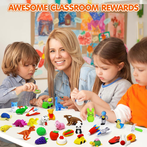 100 Pack Animal Erasers, 3D Puzzle Pencil Erasers for Kids, Bulk Treasure Box Toy for Classroom