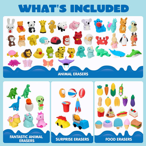 JOYIN 72 Pcs Animal Erasers for Kids, 3D Cute Mini Pencils, Bulk Desk Pets for Classroom Rewards and Party Favors.