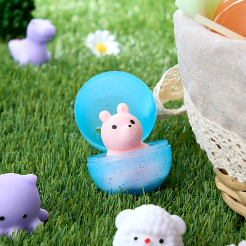 24 JOYIN Pcs Easter Prefilled Eggs with Mochi Squishy Toys, Animal Stress Reliever Squishy Toy for Glitter Transparent