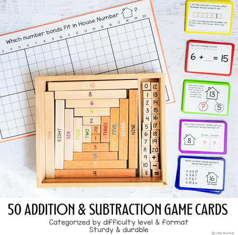LITTLE BUD KIDS House of Number Buddies Math Game - Number Bonds Math Toy with Rods and Flash Cards for Ages 4-8