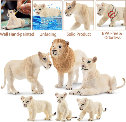 6PCS 2-5" Set Toymany White Lion Figurines with Lion Cubs, Wild Life Jungle Animals Figures Realistic Family Includes