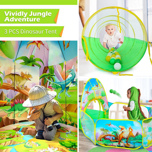 3PC Dinosaur Tent for Girls, Kids Ball Pit, Play Tents and Crawl Tunnel, Pink Pop Up Playhouse Toys