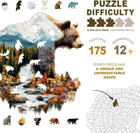 175pcs 11.4 11.5in Wooden Puzzles for Adults - Bear and Nature Wooden Jigsaw Puzzle - Unique Animal Shaped Wood Puzzles