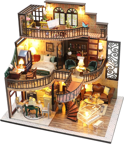 Spilay DIY Miniature Dollhouse Kit | 1:24 Scale Mini House with Wooden Furniture, Dust Proof Cover & Music Box