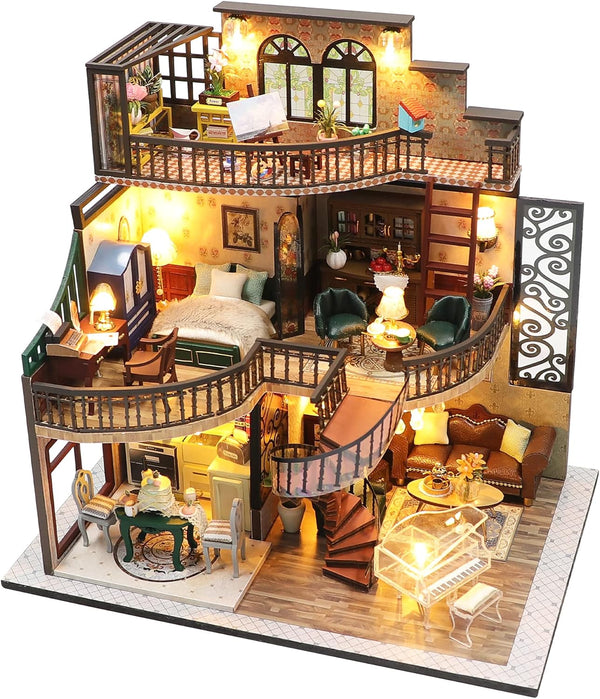 Spilay DIY Miniature Dollhouse Kit | 1:24 Scale Mini House with Wooden Furniture, Dust Proof Cover & Music Box