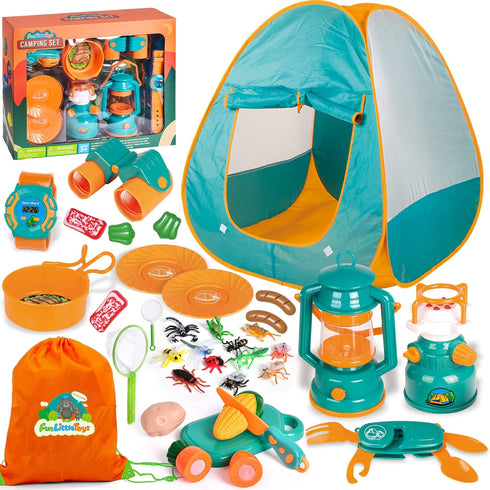 FUN LITTLE TOYS Kids Camping Set, Pop Up Play Tent with Battery Lantern and Drawstring Bag for Indoor Outdoor Pretend