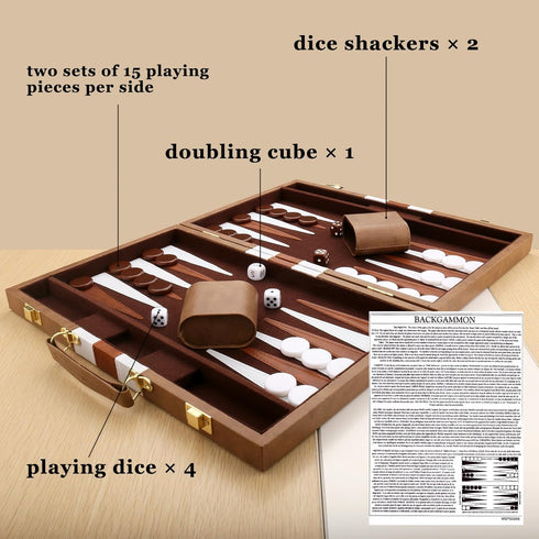 Backgammon Set - Classic Board Game with Premium Leather Case, Portable Travel Strategy Game Set (11inch, Khaki)