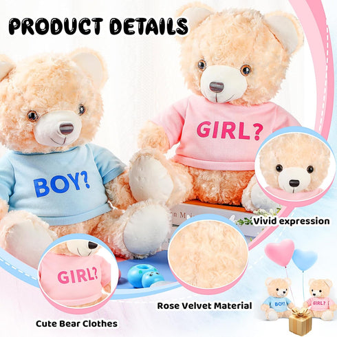 2 Pack Gender Reveal Bears, 14 Inch Blue and Pink T-Shirt Plush Bears for Baby Shower Decoration
