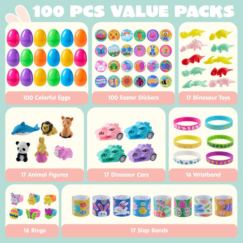 100 JOYIN Pcs Prefilled Easter Eggs With Assorted Toys Plus Stickers Inside, Stuffed Eggs with Diverse toys for Easter