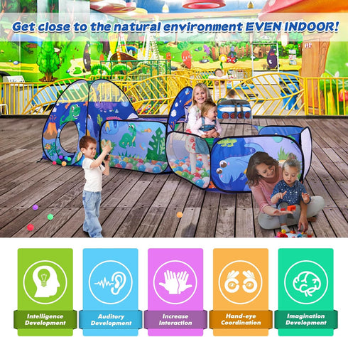 TTLOJ 3PC Dinosaur Kids Play Tent with Ball Pit, Crawl Tunnel, Toddlers Playhouse Castle Toys for 3-7 Years Old