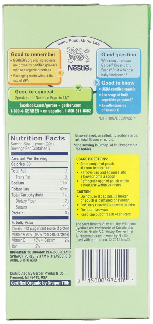 Gerber 2nd Foods Organic, Pear Spinach, 6 Count, 3.5 Oz Each
