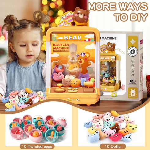 Bear Kids Claw Machine, Mini Candy Vending Grabber with Lights and Sound, Includes 10 Plush and 10 Mini Toys