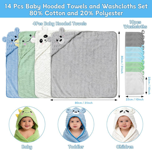 Jaseppor 14 Set, 4 10 PCS Baby Bath Towels PCS Animal Hooded Baby Towels & PCS Washcloths, Ultra Soft & Absorbent