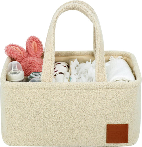 Fasty Baby Baby Diaper Caddy Organizer: Soft Beige Teddy Wool - Portable Diaper Caddy, Car Organizer - Newborn