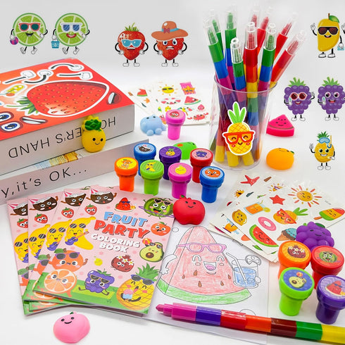 72 Summer Set Cinrobiye Pcs Fruit Coloring Book Bulk with Stacking Pencils, Tutti Frutti Party Favors, Tropical Hawaii