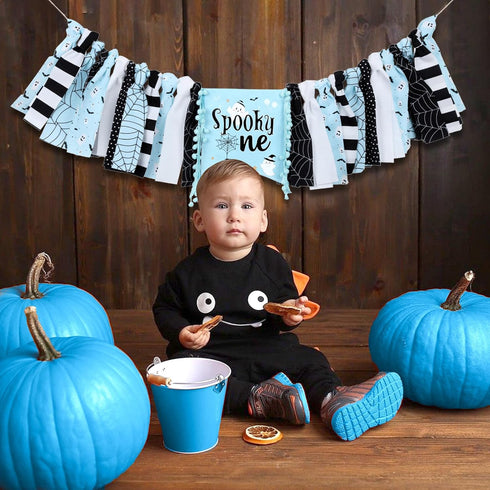 1st 1st Halloween Birthday High Chair Banner for Boys Blue and Black Spooky One High Chair Banner for Halloween Theme
