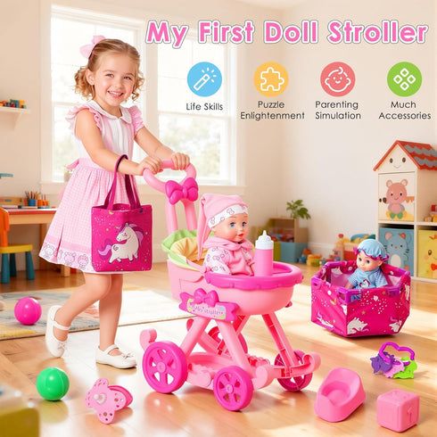 Set, 17 Dolls,2 Sets 3 4 5 HUITEM Baby Doll Stroller Toys PCS Baby Doll Accessories Stroller Toys with Baby Doll