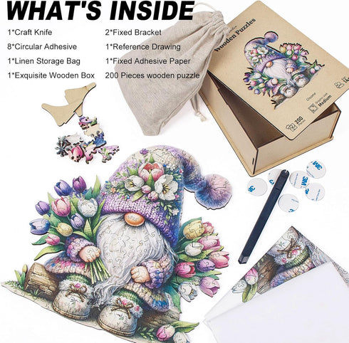 200pcs 10.6'' 9.8'' Gnome Wooden Puzzles for Adults, Wooden Jigsaw Puzzles for Adults, Gnome Flowers Unique Shaped