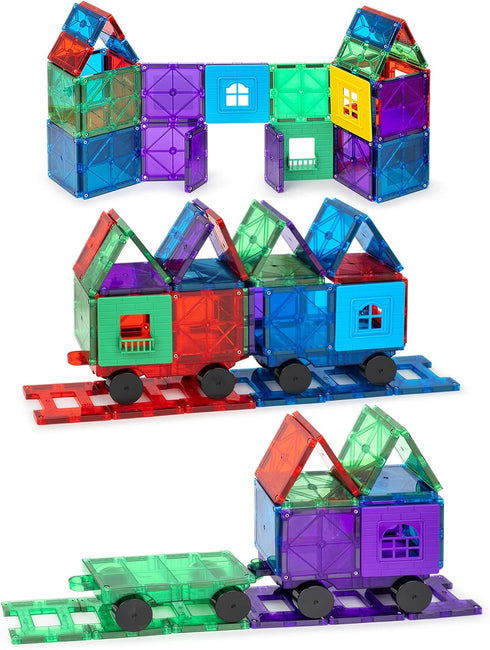 Playmags Magnetic Tiles Train Car Set for Kids - 55pcs Magnet Building