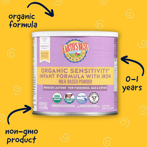 Earth's Best Organic Sensitive Baby Formula, Reduced Lactose Powdered Infant Formula for Babies 0-12 Months, 21 oz