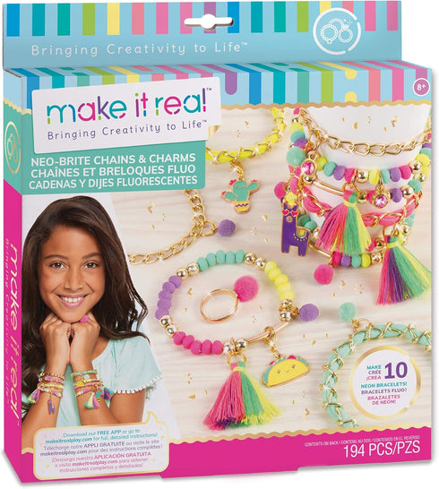 Make It Real Neo-Brite Chains & Charms Kit, Create 10 Unique Charm Bracelets, 195 Pieces for Tweens & Girls