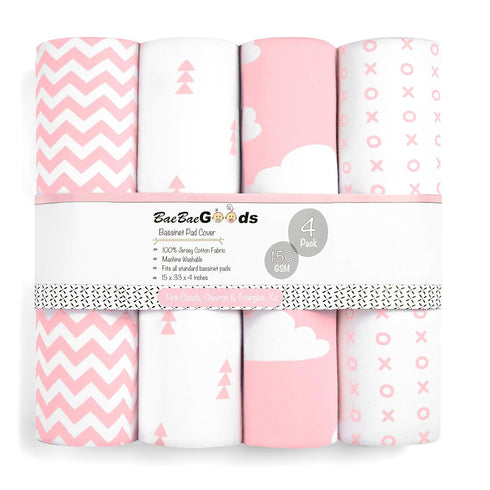 BaeBae Goods Set 4 Pack 100% Premium Bassinet Fitted Sheet - Jersey Knit - Standard Size Oval or Halo Bassinet Pads