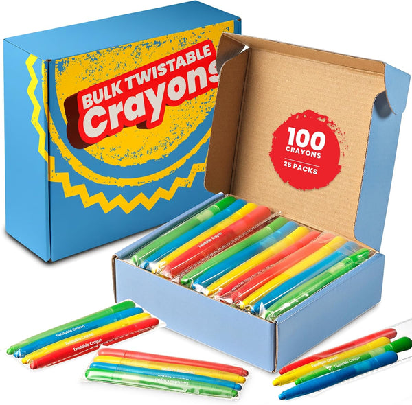 Twistable Crayons Bulk 100 Pack (25 Sets of 4) - Non-Toxic, No-Sharpen