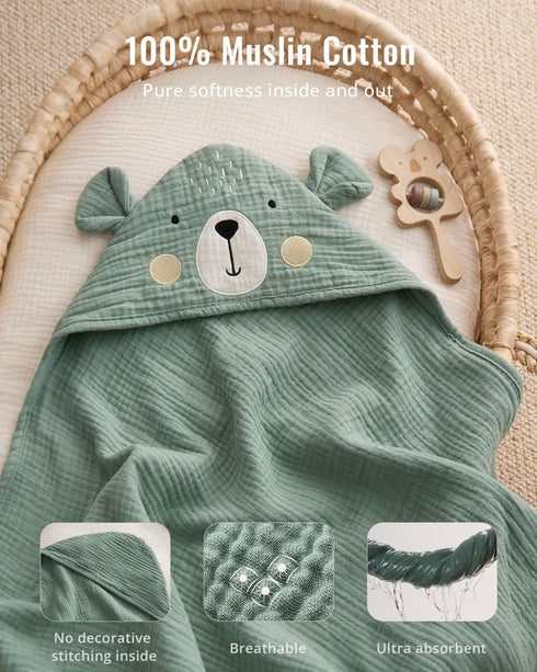 32x32 Blissful Diary Muslin Baby Hooded Towel, Soft and Absorbent Bath Towel for Newborn, Infant, Toddler, Unisex