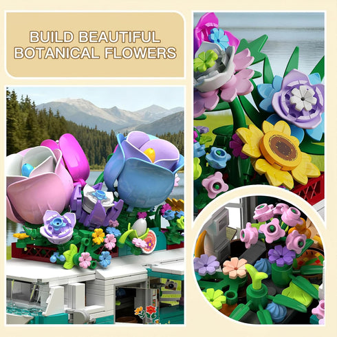 HJPLPXH Set 862 Flower rv Camper Van Building Piece Botanical Travel Bus with Opening Side Cabin Outdoor Table Chairs