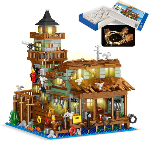 1881PCS Fishing Village Cabin Mini Building Blocks Toys with LED Lighting, Creative Architecture Building Sets for 6+