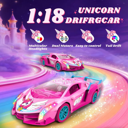 Tqeieu Car,2.4GHz 1:18 3 4 5 6 7 8 9 10 11 12,Girls 3-12 Unicorn RC Car for Girls, Rainbow Glow & Drift Wing Remote