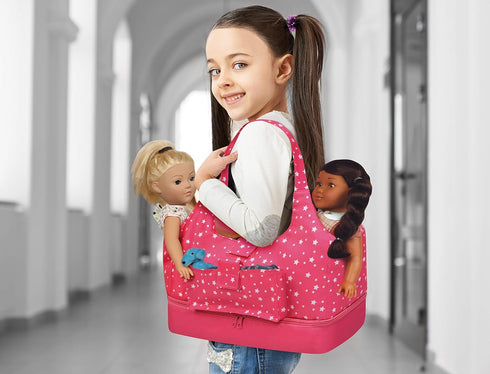 Badger Basket On-The-Go Travel Tote and Storage Bag for 18 inch Dolls - Pink Stars