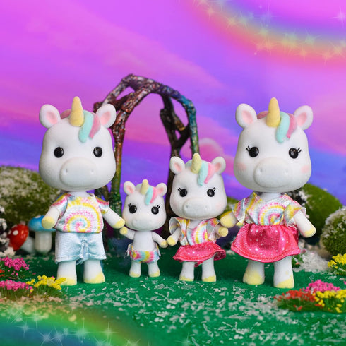 Sunny Days Entertainment Honey Bee Acres Rainbow Ridge Daydreamers Unicorn Family, 4 Miniature Flocked Dolls