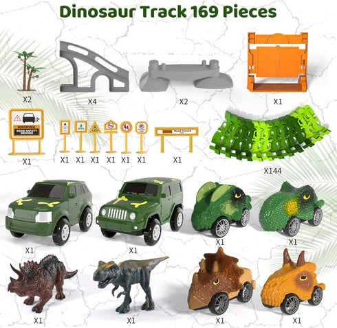 iHaHa 169 PCS Dinosaur Race Car Track Toys for Kids Ages 1-7 with Light, Sound & Spray, Birthday Gifts for Boys