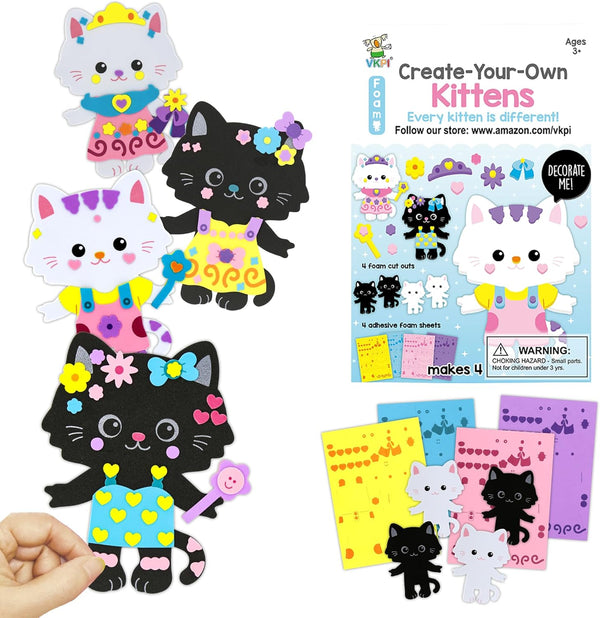 VKPI 4 Pieces Cats Foam Art Crafts Gift Kit - Creative Make Your Own Kittens, Cartoon Foam Projects for Kids Ages 4+